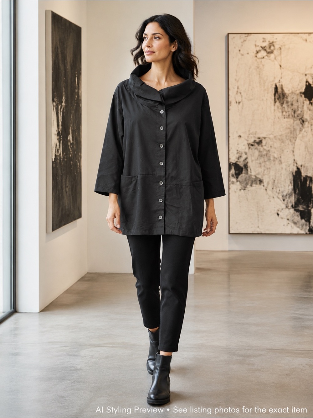 Chalet et Ceci Black Cowl Neck Artwear Jacket L Oversized Layering